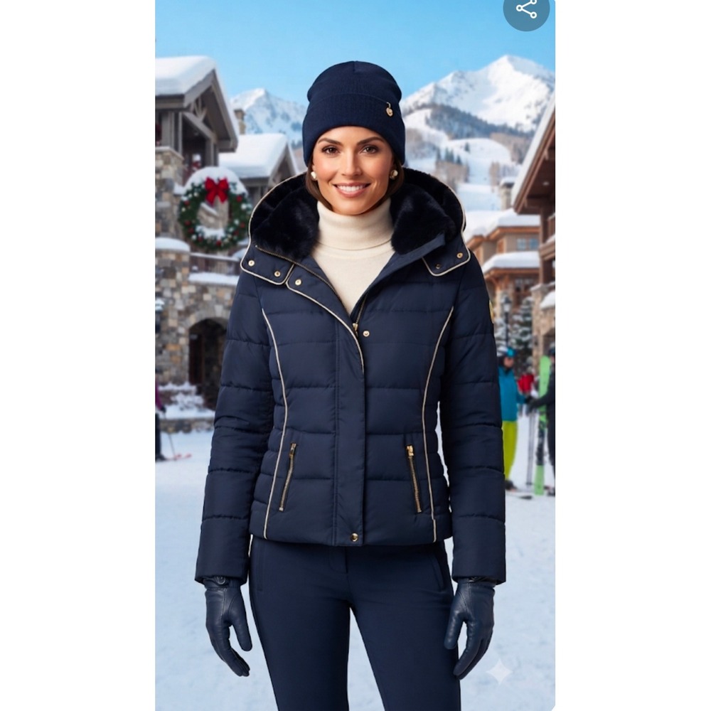 Lucy Paris Navy Blue Puffer Jacket Faux Fur Hood Trim Quilted Winter Coat Small